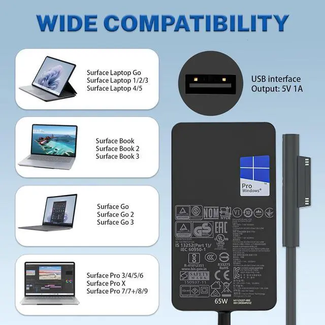 Alt view image 4 of 7 - 65W AC Power Charger Fit for Microsoft Surface Pro X/9/8/7/6/5/4/3, Surface Book/Laptop/Tablet 1706 15V 4A Laptop Adapter Cord Compatible with 44W and 36W(65W-1)