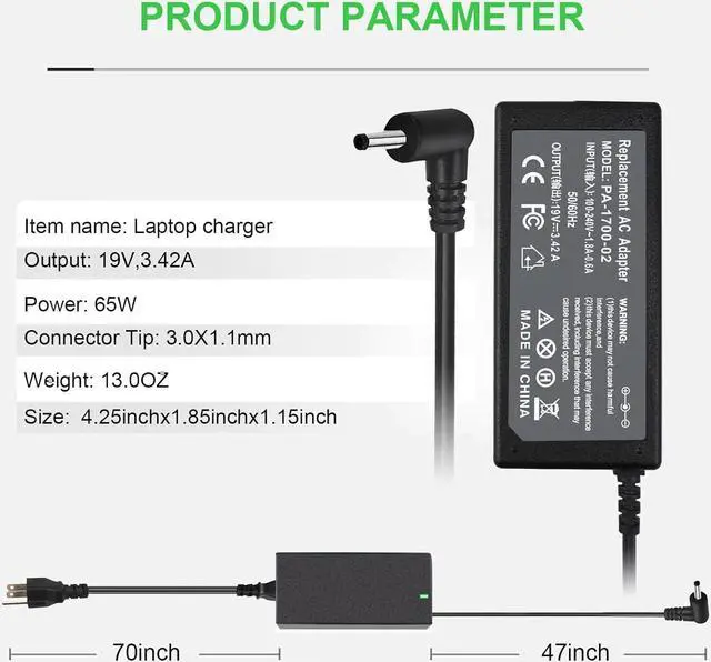 Alt view image 4 of 6 - N15Q9 N15Q8 N16Q1 N16P3 N16P1 N19C4 Laptop Charger 65W for Acer Chromebook 11.6" C720 C720P C731 C738t C740 C670 CB3-111 CB3-431 CB3-532 CB5-571 CB5-132T PA-1450-26 PA-1650-80 N20C6 N20C5