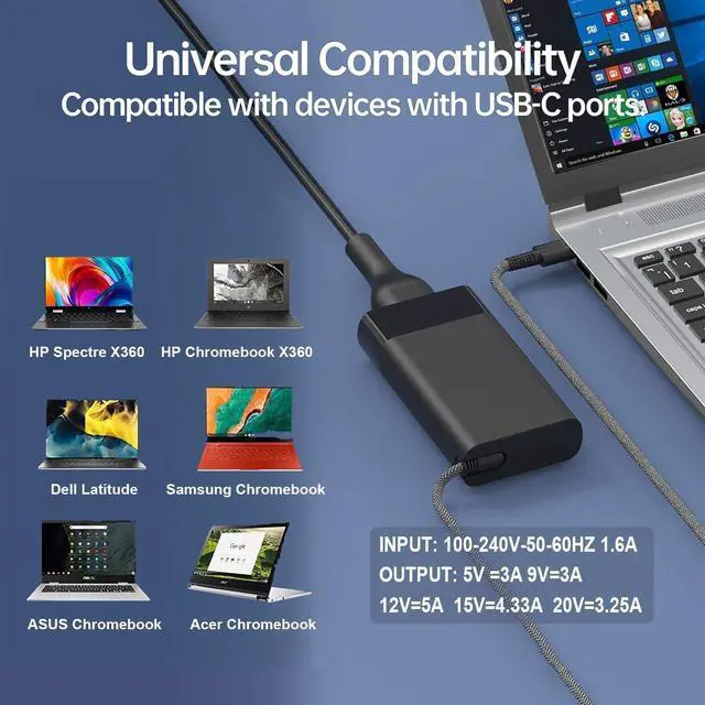 Alt view image 6 of 7 - New Slim for HP 65W Laptop Charger USB C Replacement for HP Envy X360 Spectre X360 Elitebook x360 HP Computer Chromebook Zbook Elite x2 ProBook Pavilion Travel Type C Power Cord Ac Adapter