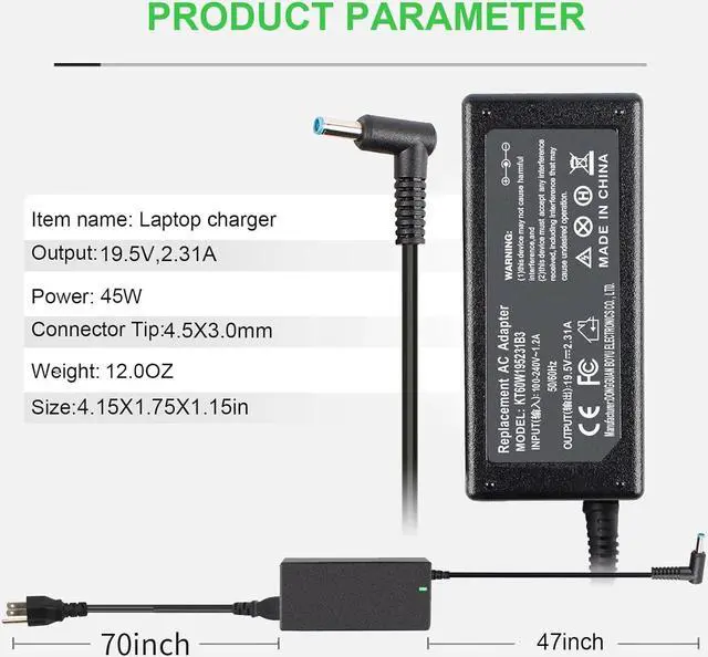 Alt view image 5 of 7 - 45W 740015-002 741727-001 L25296-001 AC Adapter for HP Pavilion x360 Envy Spectre Elitebook 840 ProBook Laptop Notebook Power Supply Cord Blue Tip 4.5 * 3.0mm