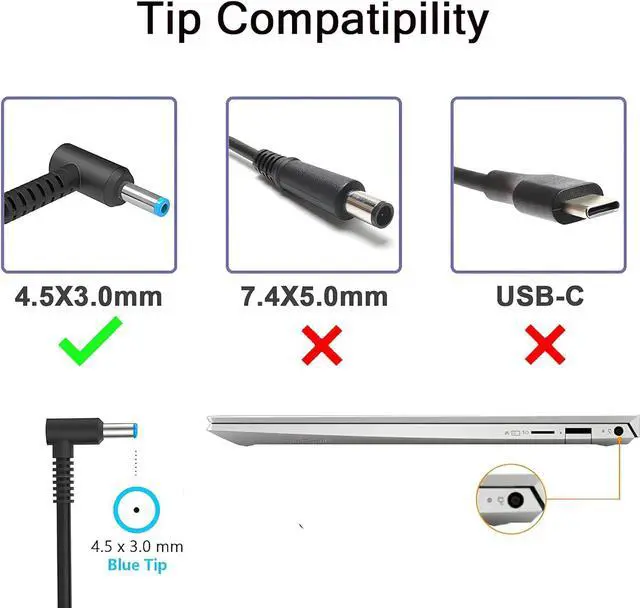 Alt view image 2 of 7 - 45W Charger 741727-001 L25296-011 213349-109 TPN-LA15 Compatible with HP Notebook Stream Pavilion Envy X360 TPN-CA14 r-41013153 L25296-001 L25296-002 L25296-003 Smart Blue tip Laptop Power Adapter