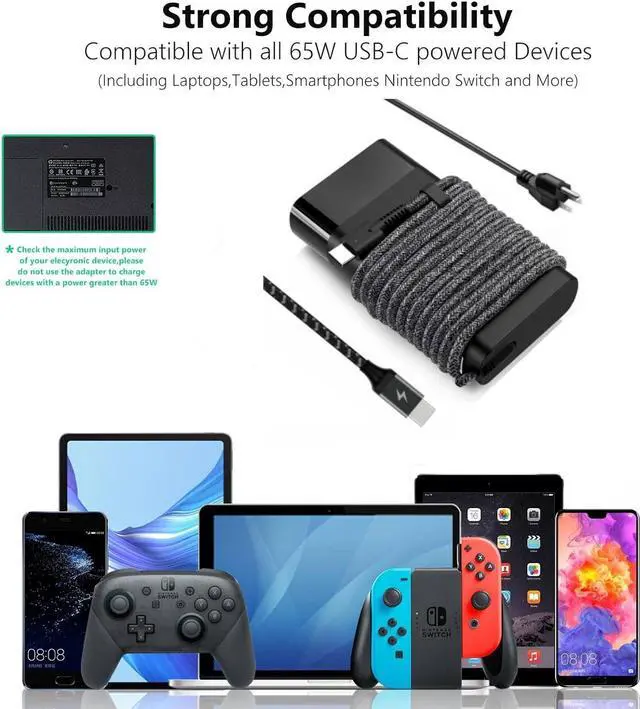 Alt view image 4 of 6 - 65W Slim USB-C Charger Compatible for HP Envy - Fit for HP Chromebook, EliteBook x360 860 840 g9 g8, Spectre x360, HP ProBook Laptop Type C Power Adapter with Premium Braided Nylon Cord