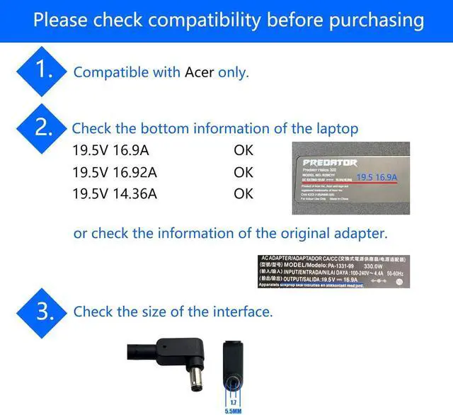 Alt view image 3 of 7 - 330W Ac Adapter 19.5V 16.92A Replacement A20-330P1A Compatible with Acer Predator Helios 300 N20C11 N20C3 N22C3 Laptop Charger