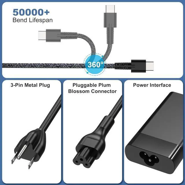 Alt view image 3 of 6 - New Slim 65W for HP USB C Laptop Charger AC Adapter Replacement for HP Spectre X360 Spectre Elitebook x360 Elitebook Envy Omnibook Chromebook Elite x2 ProBook Travel Type C Power Cord Supply