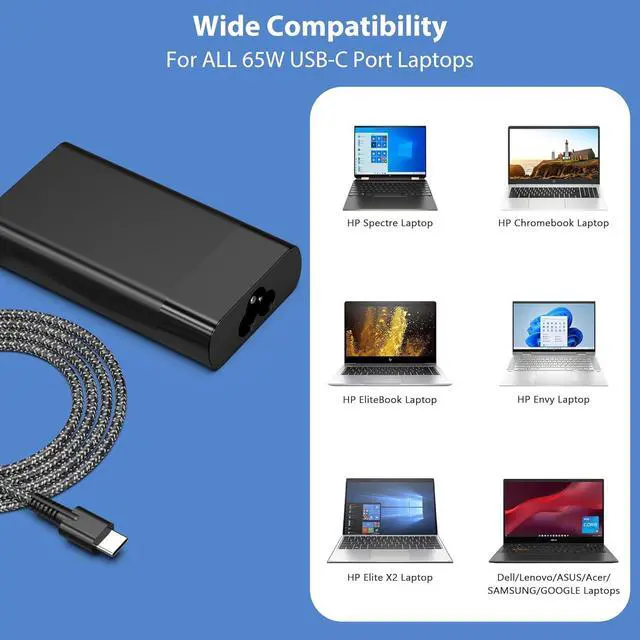 Alt view image 4 of 6 - New Slim 65W for HP USB C Laptop Charger AC Adapter Replacement for HP Spectre X360 Spectre Elitebook x360 Elitebook Envy Omnibook Chromebook Elite x2 ProBook Travel Type C Power Cord Supply