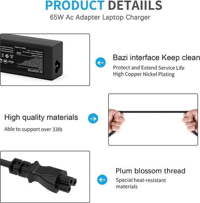 Alt view image 3 of 6 - 65W Laptop Charger Adapter for HP EliteBook 820 840 850 G3 G4 G5 G6 G7/725 745 755 G3 G4 G5 G6 ProBook 640 650 Envy 13 15 17 15-1039wm,Pavilion x360 11 13 15 Chromebook 11 14 G3 G5 Supply Power Cord