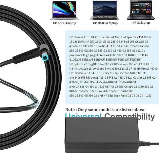 Alt view image 5 of 6 - 65W Laptop Charger Adapter for HP EliteBook 820 840 850 G3 G4 G5 G6 G7/725 745 755 G3 G4 G5 G6 ProBook 640 650 Envy 13 15 17 15-1039wm,Pavilion x360 11 13 15 Chromebook 11 14 G3 G5 Supply Power Cord