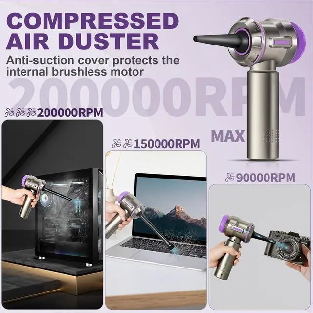 Alt view image 2 of 7 - Air Duster for PC 200000RPM Compressed Air Mini Vacuum 2-in-1 Runtime Up to 35 mins Brushless Motor Electric Air Blower with 3 Gear and Rechargeable Battery - Canned Air-Keyboard Cleaner