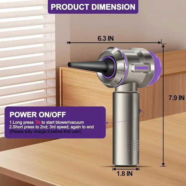 Alt view image 7 of 7 - Air Duster for PC 200000RPM Compressed Air Mini Vacuum 2-in-1 Runtime Up to 35 mins Brushless Motor Electric Air Blower with 3 Gear and Rechargeable Battery - Canned Air-Keyboard Cleaner