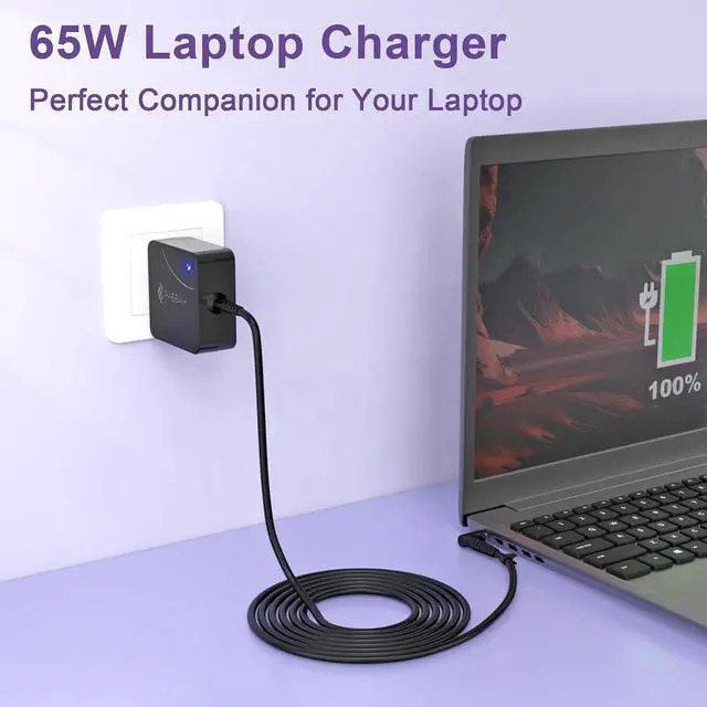 Alt view image 2 of 7 - 65W 45W Laptop Charger for Lenovo IdeaPad 3 5 330-14 330-15 330-17 330s-14 330s-15 Flex 4 5 6 14 15 Yoga 710 510 Chromebook N22 N23 20V 3.25A Power Adapter 4.0 x 1.7mm Round Tip