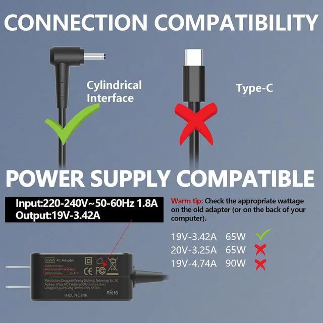Alt view image 7 of 7 - AC Charger Replacement for Acer Swift 1 3 5 SF113-31 SF114-31 SF114-32 Chromebook R11 11 13 CB3 CB5 C720 Spin 1 3 5 SP315-51 SP111-31 SP111-31N SP111-32N 65W Portable Laptop Adapter Power Supply Cord