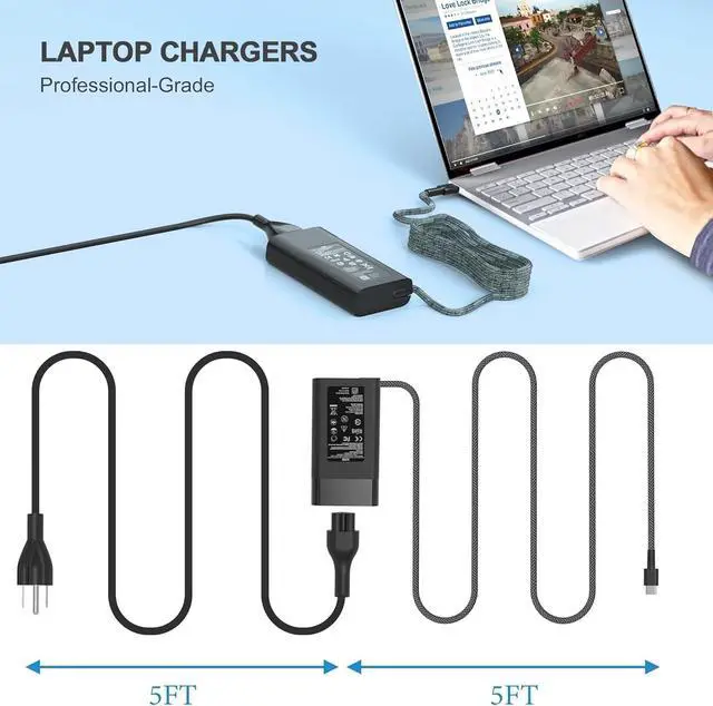 Alt view image 6 of 7 - 65W USB-C Charger for HP EliteBook 830 835 840 845 860 865 640 650 1040 G8/G9/G10/G11 & ProBook 440 445 450 455 460 465 G8/G9/G10/G11 - Fast Charging Power Adapter for HP Envy x360 15 & More Laptops