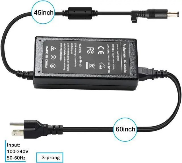 Alt view image 3 of 6 - 60W AC Adapter Charger for Samsung R440 R480 R530 R540 R580 N110 N120 N130 N140 N150 NP270E4E NP270E5E NP470R5E Laptop Power Supply Cord 19V 3.15A