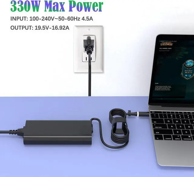 Alt view image 4 of 7 - 330W 19.5V 16.92A GaN AC Charger for Dell G16 7630 7620 G15 Alienwar X51 X17 R1 R2 M17 R3 R4 M18x R1 R2 R3 Area-51m R1 R2 ADP-330AB D DA330PM111 DA330PM190 LA330PM190 Laptop Power Supply Cord