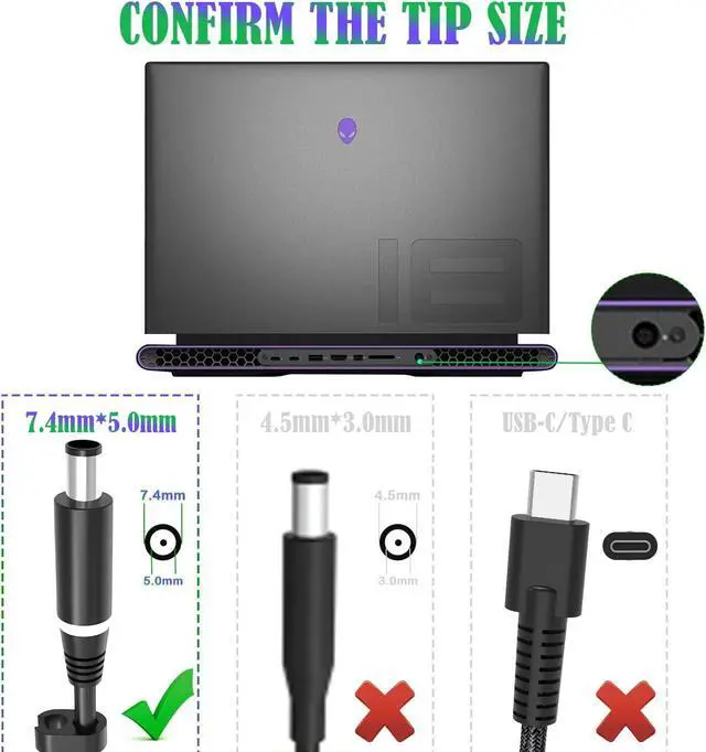 Alt view image 2 of 7 - 330W 19.5V 16.92A GaN AC Charger for Dell G16 7630 7620 G15 Alienwar X51 X17 R1 R2 M17 R3 R4 M18x R1 R2 R3 Area-51m R1 R2 ADP-330AB D DA330PM111 DA330PM190 LA330PM190 Laptop Power Supply Cord