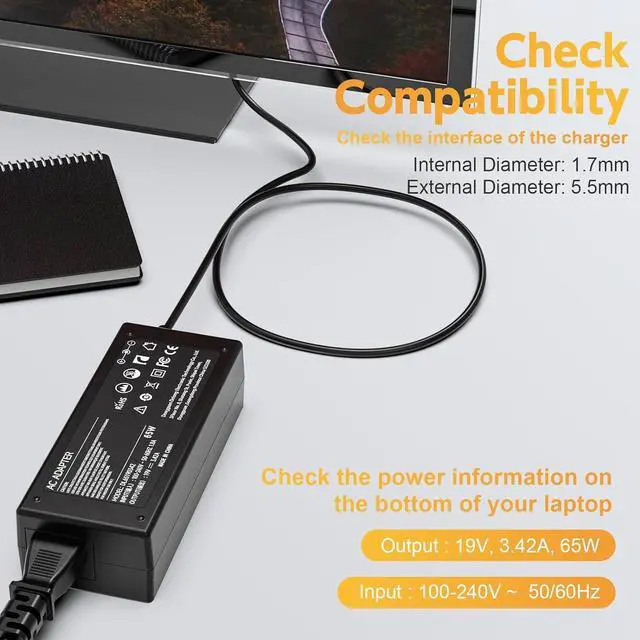 Alt view image 2 of 7 - 19V Power Cord for Acer Monitor S202HL S271HL SB220Q R240HY R221Q R271 S220HQL S230HL S231HL S232HL S240HL S241HL; H226HQL H236HL H276HL G226HQL G236HL G246HL GN246HL Monitor Power Supply 65W