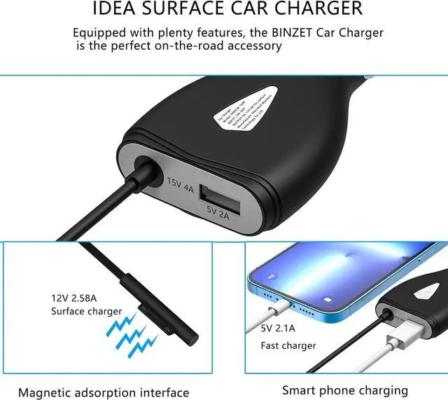 Alt view image 3 of 7 - Surface Car Charger, 70W 15V 4A Power Supply for Microsoft Surface Pro 5/Pro 6/Pro 7/Pro 8/Pro X, Surface Book, Surface Go, Surface Laptop with 5V 2A USB Charging Port (5Ft Cord)