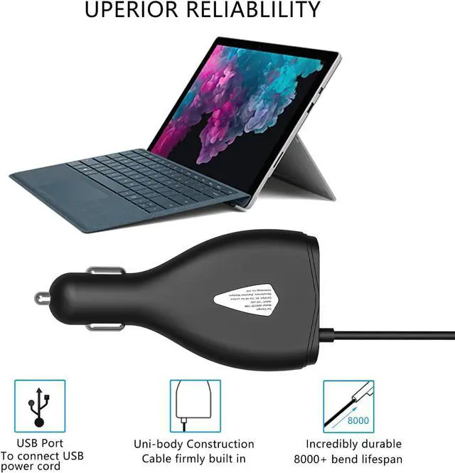 Alt view image 5 of 7 - Surface Car Charger, 70W 15V 4A Power Supply for Microsoft Surface Pro 5/Pro 6/Pro 7/Pro 8/Pro X, Surface Book, Surface Go, Surface Laptop with 5V 2A USB Charging Port (5Ft Cord)