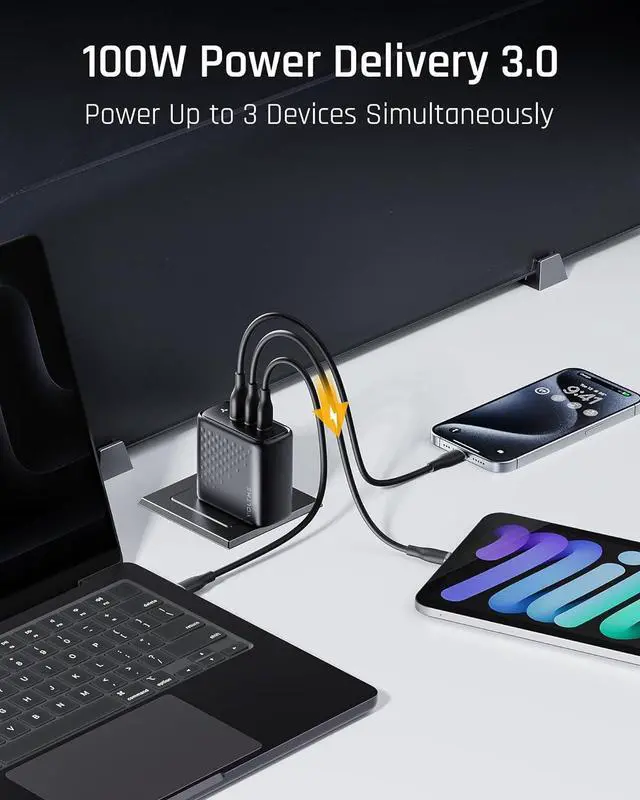Alt view image 2 of 7 - 100W GaN III USB C Wall Charger (Foldable Plug) 3-Port PD 3.0 PPS Fast Charge USB-C Charger for Chromebook Laptop MacBook Pro/Air Pixelbook ThinkPad  XPS iPad iPhone 14 13