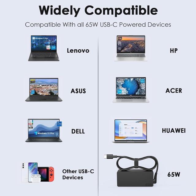 Alt view image 5 of 7 - 65W USB C Laptop Charger for  Yoga Charger Yoga 6 7 9 7i 9i 730 S730 S940 C630 C740 C930 C940 Thinkpad X1 Carbon gen 11 10 9 8 7 6 5 Power Adapter