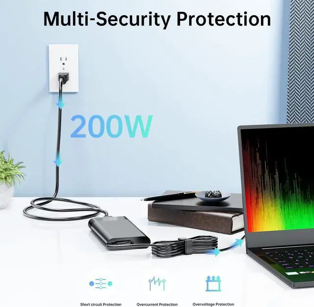 Alt view image 4 of 7 - 200W Charger Fit for HP Original Omen Victus 15 16 Pavilion 15 16 17 Zbook 15 17 ZBook Fury Create Studio Envy 15 2020 TPN-DA10 Gaming Laptop Power Adapter Supply