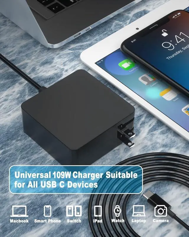 Alt view image 7 of 7 - 109W USB C Power Adapter, Type C Power PD Wall Fast Charger Compatible with Mac Book Pro, Dell Latitude, Lenovo, Huawei Matebook, HP Spectre, Acer Chromebook and Any Laptops or Smart Phones 1