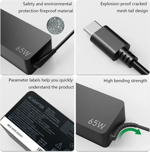 Alt view image 3 of 6 - USB C Laptop Charger Fit for Lenovo ThinkPad X1, Carbon X1 Gen 11 10 9 8 7 6 5, Yoga X1 Gen 8 7 6 5 4 3 2 Series, Lenovo 65W 45W USB C Fast Power Adapter