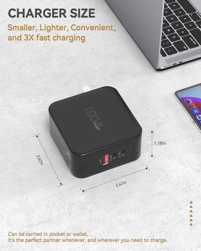 Alt view image 2 of 6 - 100W USB C Fast Charger, 3-Port GaN Wall Charger PD USB C and QC USB A Charger Adapter Super Fast Type C Charging for MacBook, iPad, iPhone 15 15 Pro, Galaxy S23 Ultra, Steam Deck, Dell XPS, Google