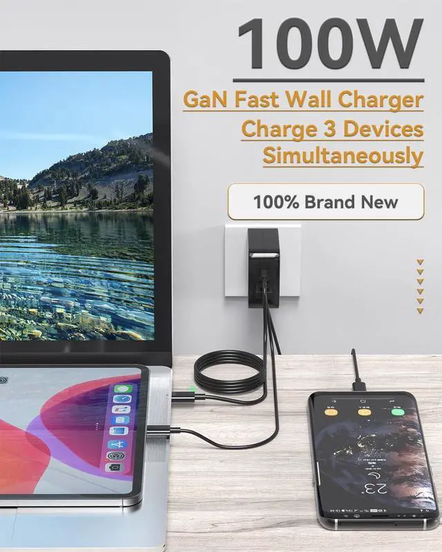 Alt view image 6 of 6 - 100W USB C Fast Charger, 3-Port GaN Wall Charger PD USB C and QC USB A Charger Adapter Super Fast Type C Charging for MacBook, iPad, iPhone 15 15 Pro, Galaxy S23 Ultra, Steam Deck, Dell XPS, Google