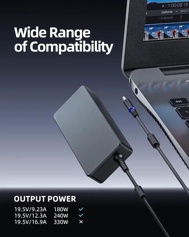 Alt view image 3 of 7 - 10FT 240W Charger (UL Safety Approved) Fit for Dell Alienware M15 R3 R4 R2 R5 R6 R7 M17 R5 R2 R3 R4 M16 R2 G15 G16 G5 G7 15 R2 R3 17 R3 X15 X16 R1 X17 Gaming Laptop Charging Power Supply AC Adapter