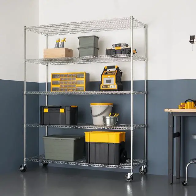 Alt view image 2 of 7 - Trinity Basics TBFC-0931 5-Tier Adjustable Wire Shelving with Wheels for Kitchen Organization, Garage Storage, Laundry Room, NSF Certified, 600 to 2250 Pound Capacity, 60 by 24 by 77, Chrome