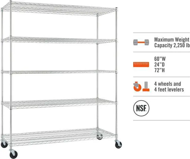 Alt view image 4 of 7 - Trinity Basics TBFC-0931 5-Tier Adjustable Wire Shelving with Wheels for Kitchen Organization, Garage Storage, Laundry Room, NSF Certified, 600 to 2250 Pound Capacity, 60 by 24 by 77, Chrome