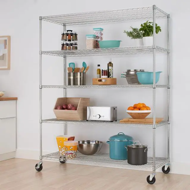 Alt view image 5 of 7 - Trinity Basics TBFC-0931 5-Tier Adjustable Wire Shelving with Wheels for Kitchen Organization, Garage Storage, Laundry Room, NSF Certified, 600 to 2250 Pound Capacity, 60 by 24 by 77, Chrome