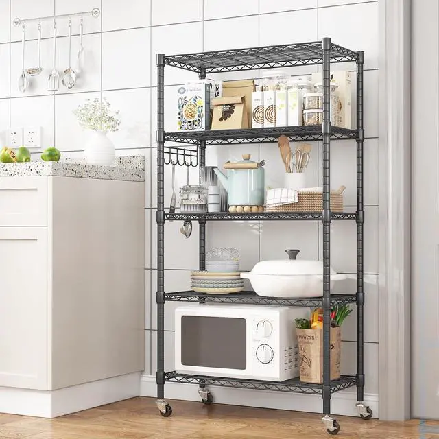 Alt view image 2 of 7 - Homdox 5 Tier Metal Storage Shelves with Wheels, Heavy Duty Wire Shelving Unit, Adjustable Storage Racks with Side Hooks for Bathroom Kitchen Garage Pantry Organization, Black