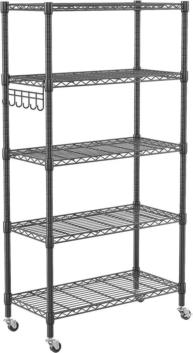Main image of Homdox 5 Tier Metal Storage Shelves with Wheels, Heavy Duty Wire Shelving Unit, Adjustable Storage Racks with Side Hooks for Bathroom Kitchen Garage Pantry Organization, Black