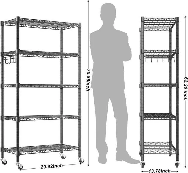 Alt view image 3 of 7 - Homdox 5 Tier Metal Storage Shelves with Wheels, Heavy Duty Wire Shelving Unit, Adjustable Storage Racks with Side Hooks for Bathroom Kitchen Garage Pantry Organization, Black