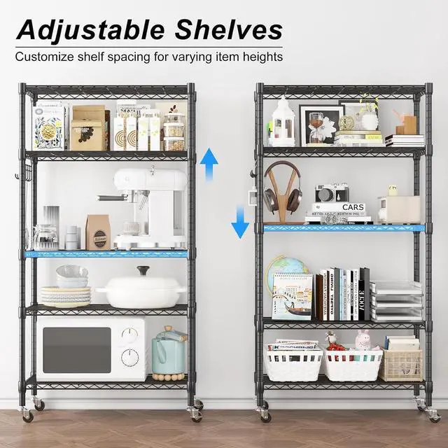 Alt view image 4 of 7 - Homdox 5 Tier Metal Storage Shelves with Wheels, Heavy Duty Wire Shelving Unit, Adjustable Storage Racks with Side Hooks for Bathroom Kitchen Garage Pantry Organization, Black