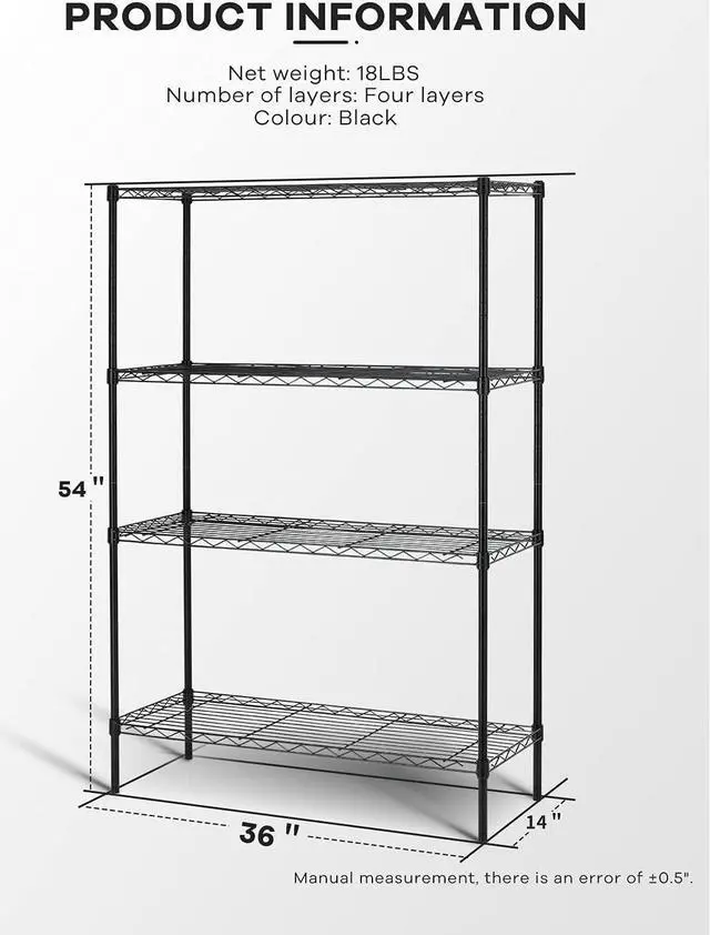 Alt view image 3 of 7 - HCY 4-Tier Wire Shelving Unit Storage Shelves Shelf Organizer 54"x36"x14" Heavy Duty Metal Storage Rack NSF Height Adjustable for Laundry Bathroom Kitchen Garage Pantry Organization(Black)