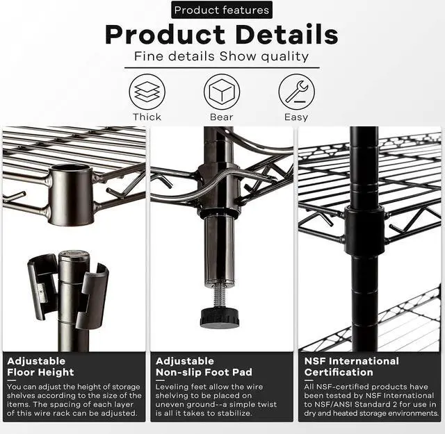 Alt view image 4 of 7 - HCY 4-Tier Wire Shelving Unit Storage Shelves Shelf Organizer 54"x36"x14" Heavy Duty Metal Storage Rack NSF Height Adjustable for Laundry Bathroom Kitchen Garage Pantry Organization(Black)