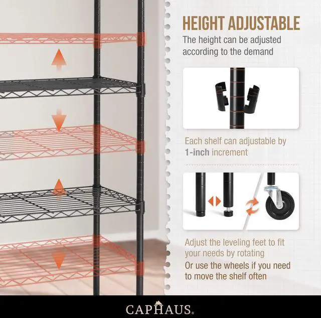 Alt view image 4 of 7 - CAPHAUS NSF Commercial Grade Heavy Duty Wire Shelving w/Wheels, Leveling Feet & Liners, Storage Metal Shelf, Garage Shelving, Utility Wire Rack Storage Shelves, w/Liner, 36 x 18 x 76 5-Tier