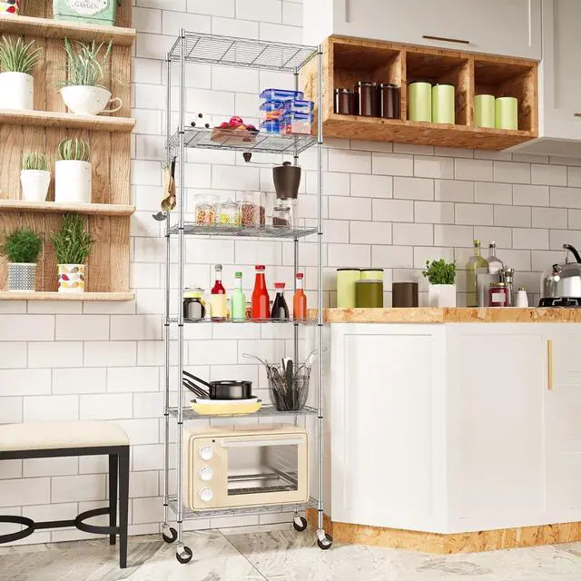 Alt view image 2 of 7 - Homdox 6-Tier Storage Shelf Wire Shelving Unit Free Standing Rack Organization with Caster Wheels, Stainless Side Hooks, Silver Gray