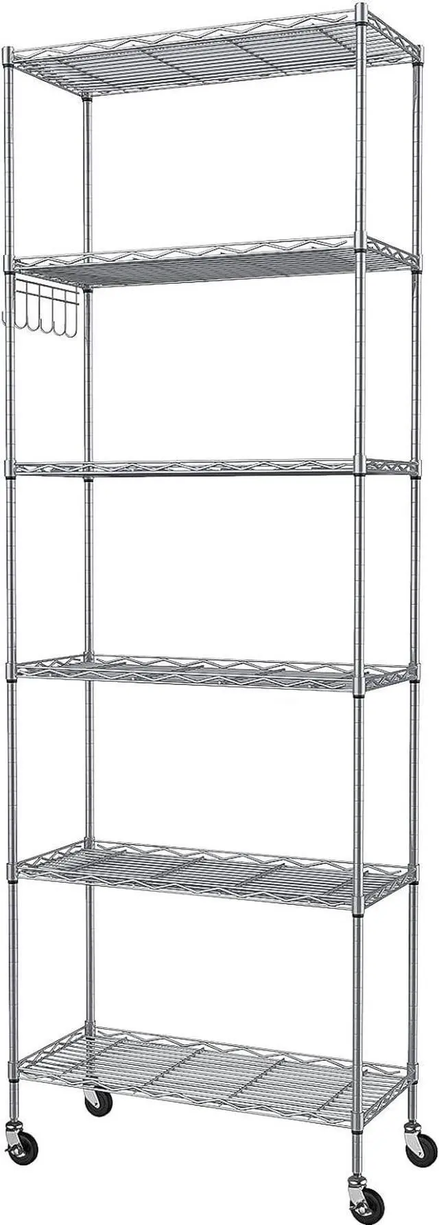 Main image of Homdox 6-Tier Storage Shelf Wire Shelving Unit Free Standing Rack Organization with Caster Wheels, Stainless Side Hooks, Silver Gray