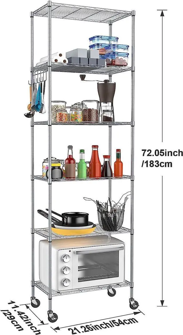 Alt view image 3 of 7 - Homdox 6-Tier Storage Shelf Wire Shelving Unit Free Standing Rack Organization with Caster Wheels, Stainless Side Hooks, Silver Gray