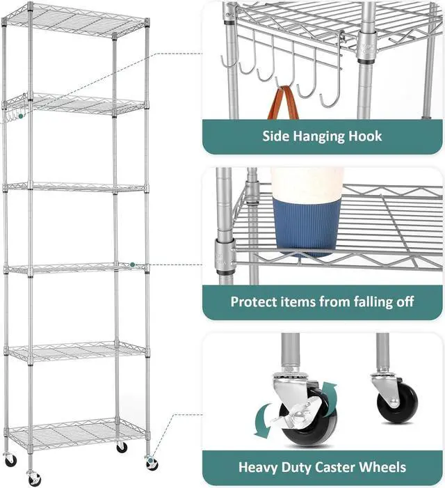 Alt view image 7 of 7 - Homdox 6-Tier Storage Shelf Wire Shelving Unit Free Standing Rack Organization with Caster Wheels, Stainless Side Hooks, Silver Gray