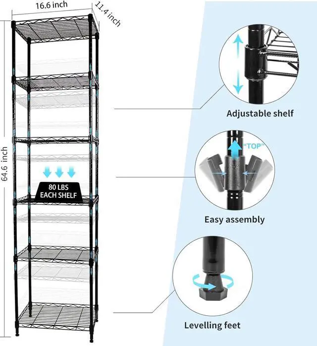 Alt view image 3 of 6 - SUNLPH 6-Tier Wire Shelving Adjustable Shelves Unit Metal Storage Rack for Laundry Bathroom Kitchen Pantry Closet Organization (Black, 16.6" L x 11.4" W x 64.6" H)