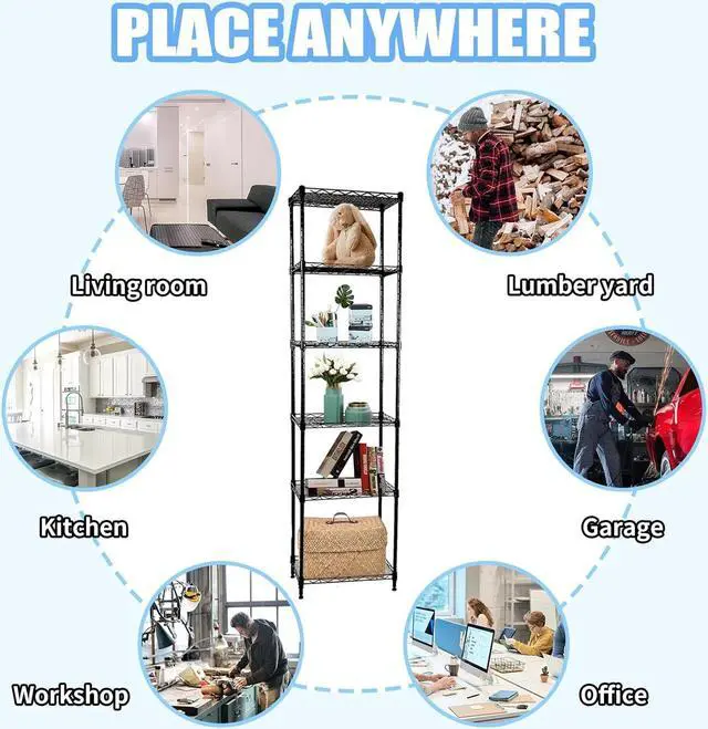 Alt view image 6 of 6 - SUNLPH 6-Tier Wire Shelving Adjustable Shelves Unit Metal Storage Rack for Laundry Bathroom Kitchen Pantry Closet Organization (Black, 16.6" L x 11.4" W x 64.6" H)