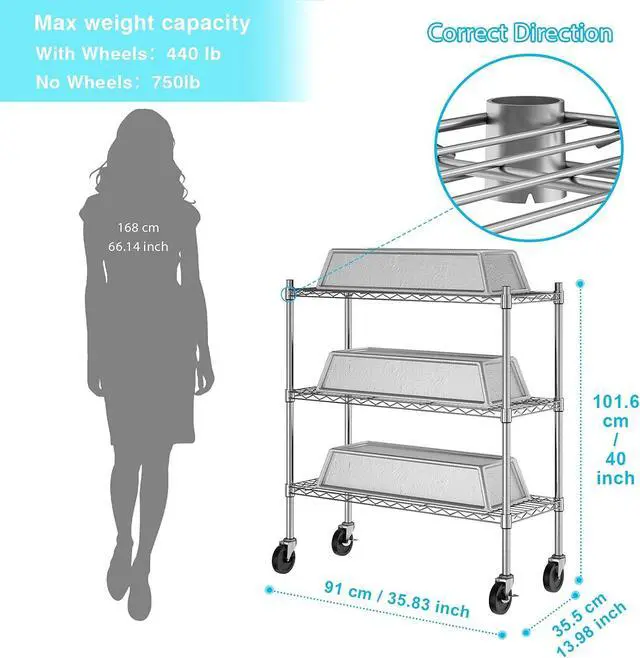 Alt view image 5 of 7 - Auslar 3-Tier Storage Shelves with Casters Heavy Duty Metal Shelving Chrome