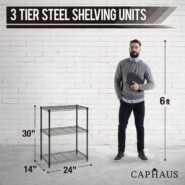 Alt view image 3 of 7 - CAPHAUS 3/4/5-Tier Adjustable Height Wire Shelving Unit, Rack Shelving, Metal Steel Shelves, Garage Organizer, Utility Storage Shelf, 3-Tier Without Wheels, Black