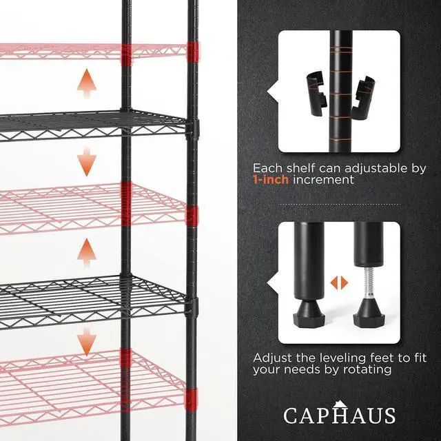 Alt view image 4 of 7 - CAPHAUS 3/4/5-Tier Adjustable Height Wire Shelving Unit, Wire Rack Shelving, Metal Steel Storage Shelves, Garage Shelving Storage Organizer, Utility Storage Shelf, 5-Tier Without Wheels, Black