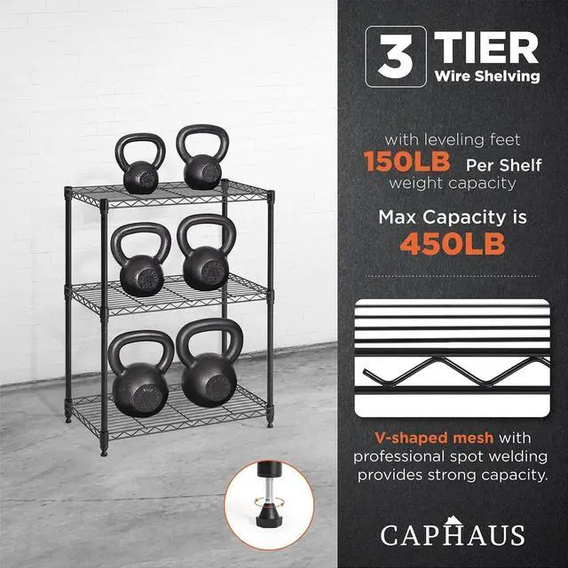 Alt view image 6 of 7 - CAPHAUS 3/4/5-Tier Adjustable Height Wire Shelving Unit, Rack Shelving, Metal Steel Shelves, Garage Organizer, Utility Storage Shelf, 3-Tier Without Wheels, Black